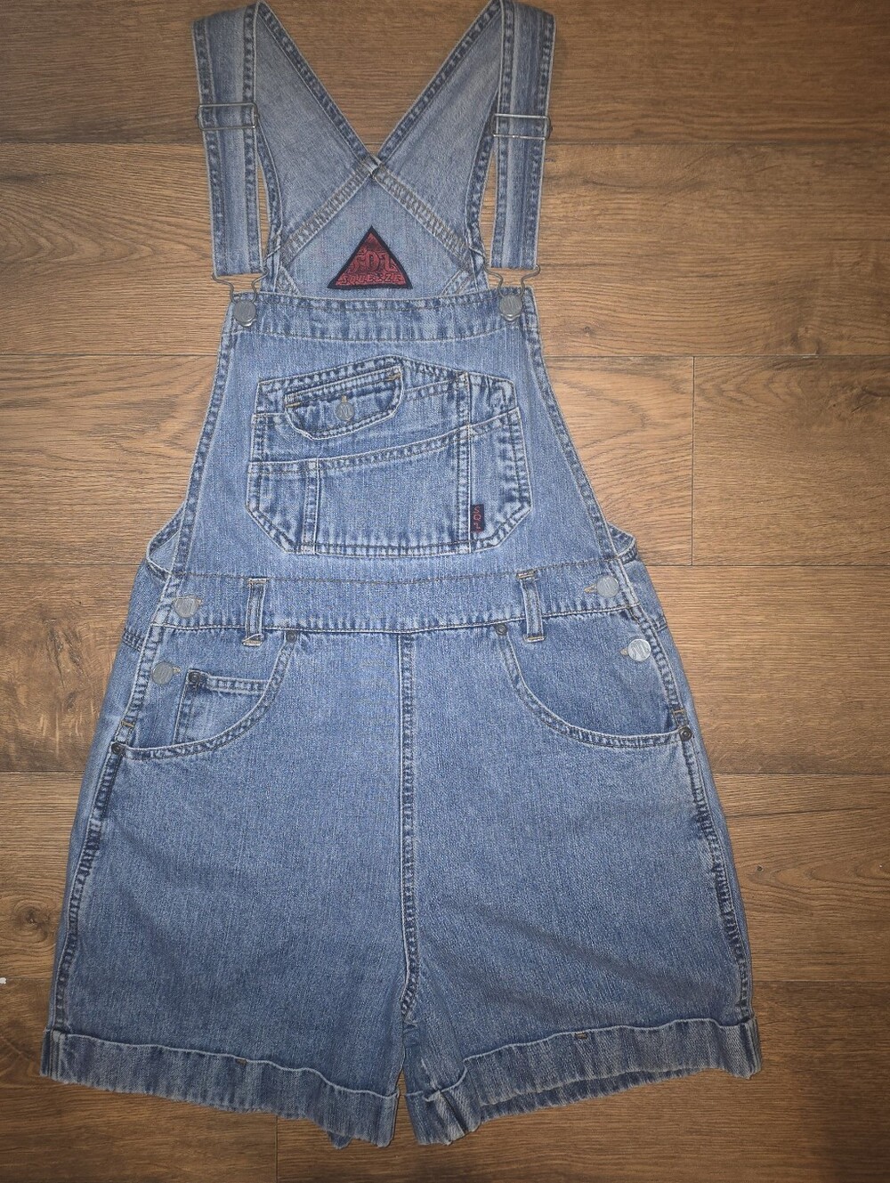 Vintage SQZ Squeeze Denim Shortalls Womens Blue Jean Bib Overalls Y2K